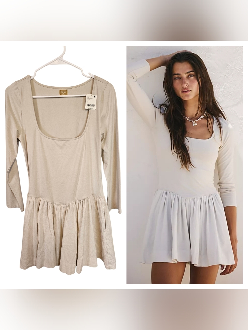 Free-est By Free People Onda Drop-Waist Long Sleeve Beige Cream Mini Dress Scoop
